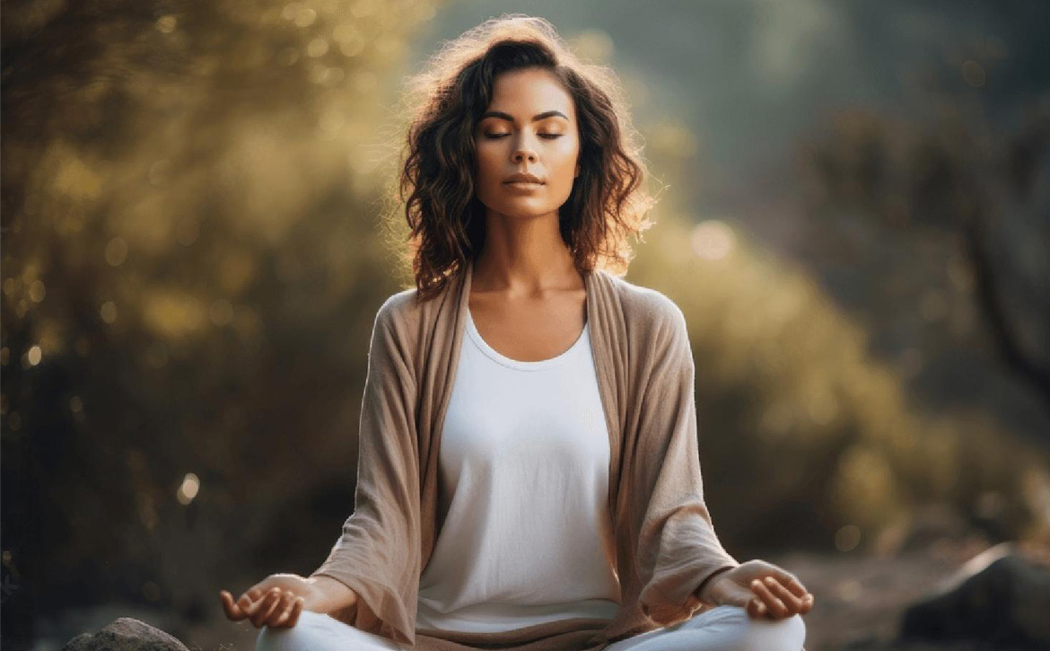 Lady in meditation yoga posture. Tranquility