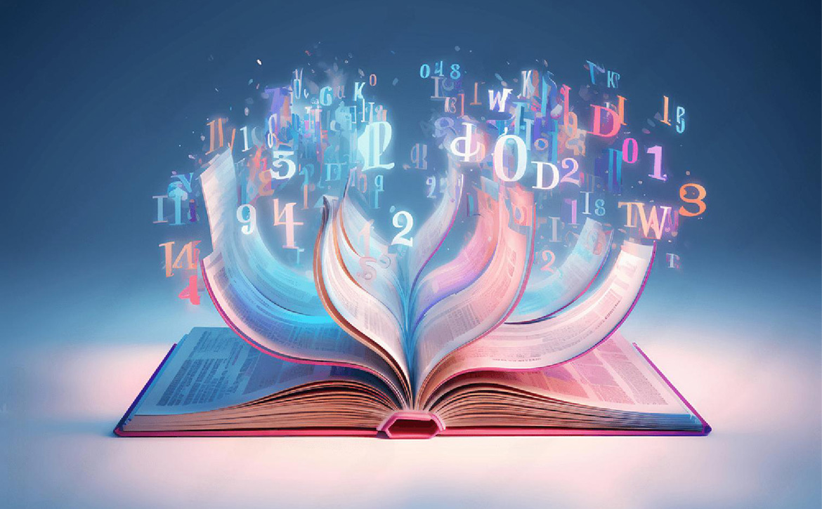 Open book with moving pages and and swirling numbers and signs