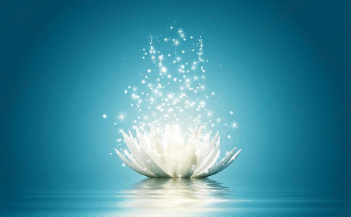 Lotus flower floating on water emanating sparkle and light on blue background