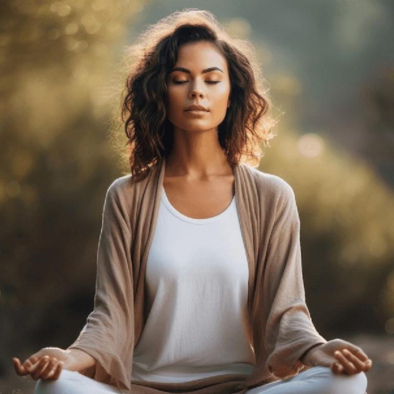 Lady in meditation yoga posture. Tranquility