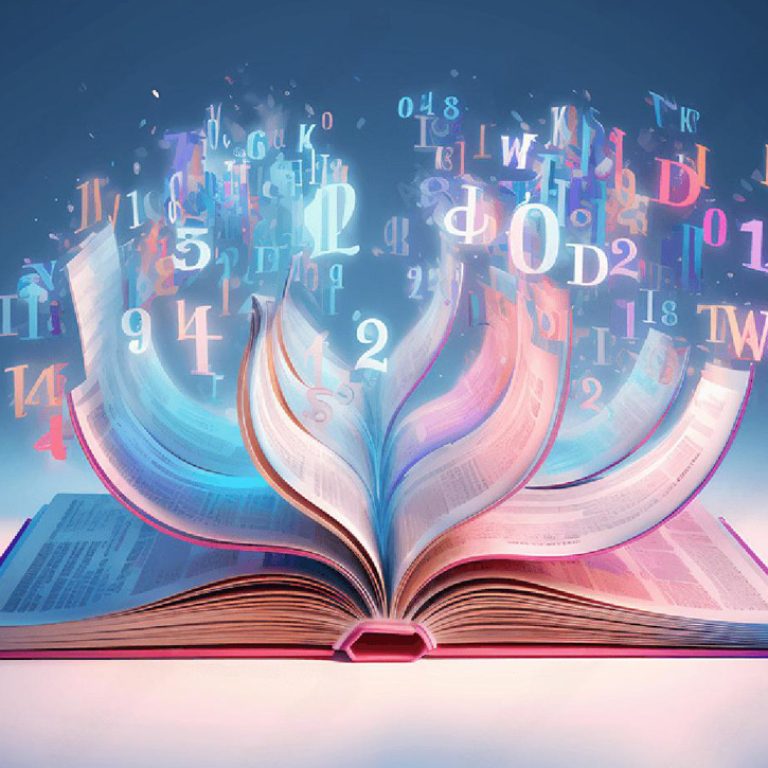 Open book with moving pages and and swirling numbers and signs