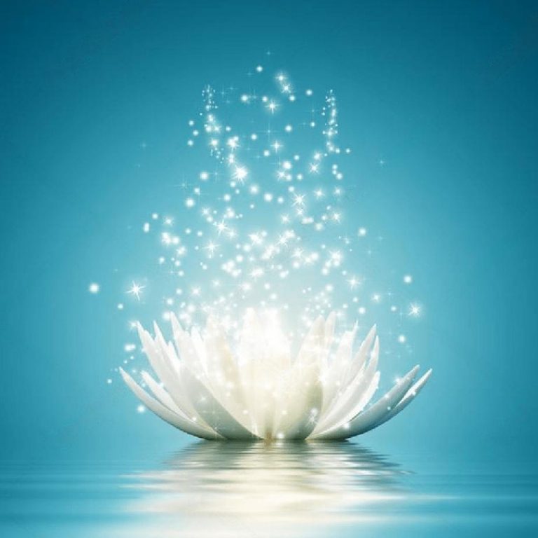 Lotus flower floating on water emanating sparkle and light on blue background